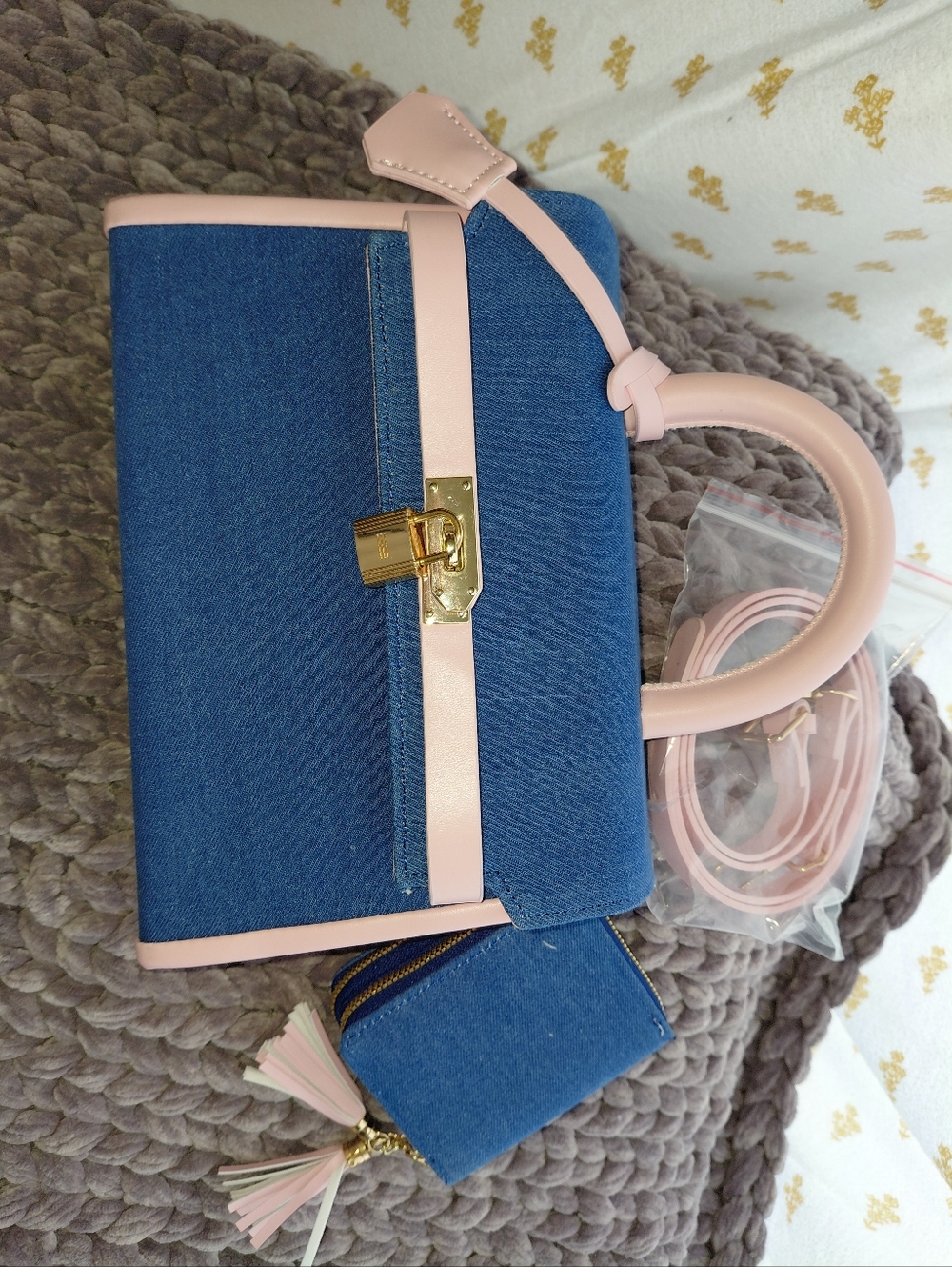 Blue Denim and Pink Trim Satchel Bag